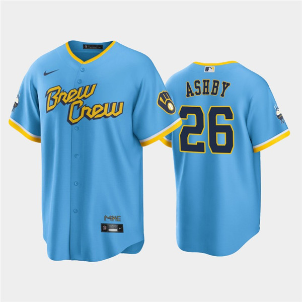 Men's Milwaukee Brewers #26 Aaron Ashby Powder Blue 2022 City Connect Cool Base Stitched Jersey